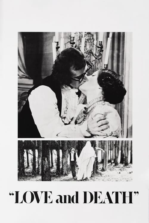 The poster features a black-and-white image of a couple embracing in a tender moment, with one person leaning in to kiss the other. Below, a forest scene with a figure standing alone adds depth and contrast. The title "LOVE and DEATH" is prominently displayed at the bottom, conveying a somber yet...