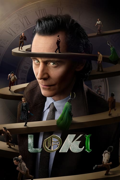 The poster features a mysterious man in a dark suit and hat, surrounded by small figures in various poses, suggesting a magical or fantasy setting. The color palette is dark with hints of green and gold, creating an eerie and intriguing atmosphere. The title "LOKI" is prominently displayed in bol...