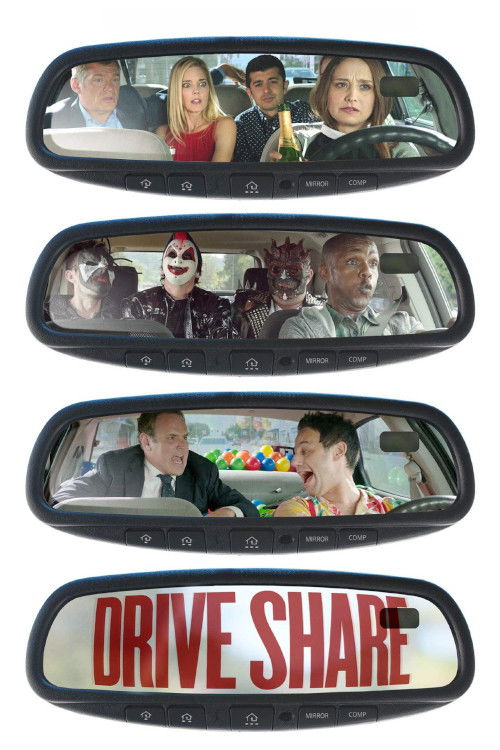 The poster features four characters from the TV show "Drive Share" in a car interior, with vibrant red and black colors creating a dramatic mood. The characters appear engaged in conversation, suggesting a lively and humorous atmosphere.