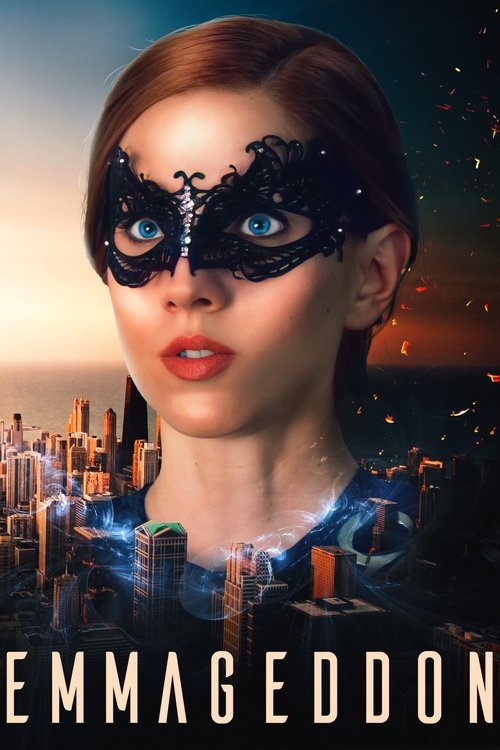 The poster features a woman with striking blue eyes and a black lace mask, exuding mystery and power. The cityscape below is illuminated by vibrant neon lights, suggesting a futuristic setting. The overall mood is dramatic and cinematic, with warm tones contrasting against the cool blues of the c...