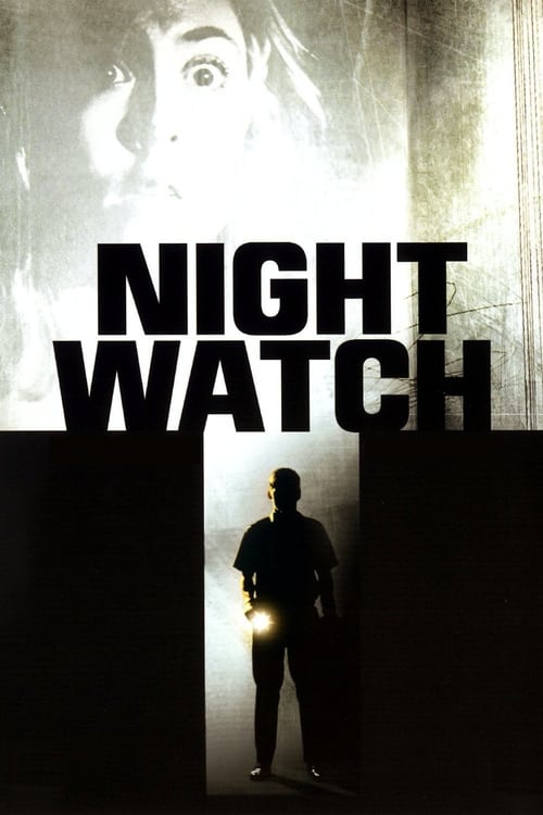 The poster features a hauntingly eerie scene with a figure standing in a dark doorway, illuminated by a faint light. Above, a ghostly face looms ominously, while the title "NIGHTWATCH" dominates the frame in bold, stark black letters. The overall atmosphere is suspenseful and mysterious, evoking ...