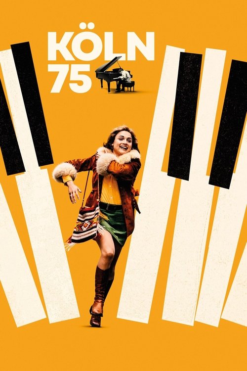 The poster features a glamorous woman in a vibrant outfit dancing on a bright orange background, surrounded by large piano keys. The bold title "KÖLN 75" with a piano icon sets a classic jazz atmosphere, evoking nostalgia and excitement.
