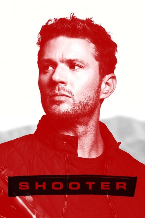 The poster features a man with intense eyes and a serious expression, set against a stark red background. The bold, capitalized text "SHOOTER" in black adds a dramatic and authoritative tone to the image.