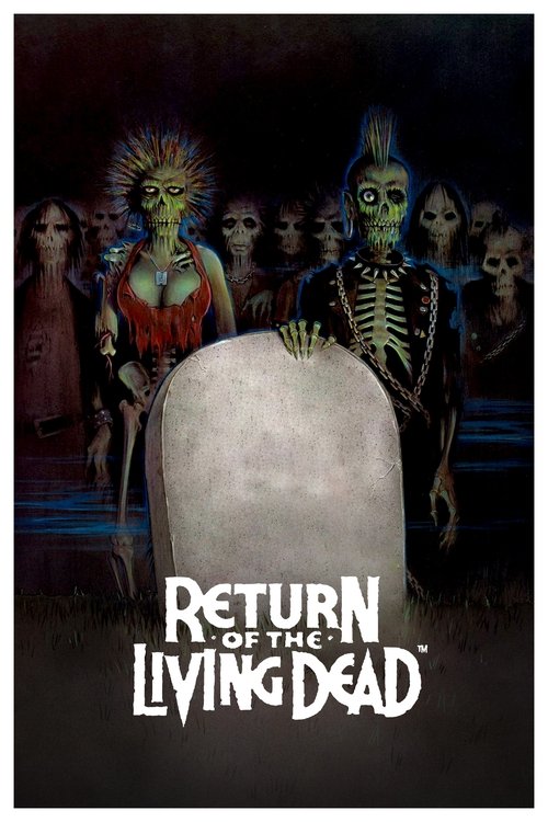 The poster features a haunting scene with a skeleton holding a tombstone, surrounded by eerie figures in dark, moody tones. The ominous colors and shadowy figures create a chilling atmosphere, emphasizing the horror of the undead.