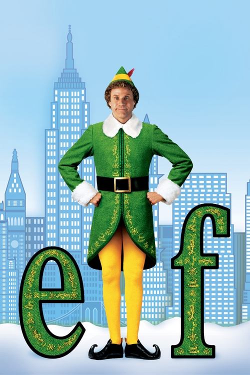A cheerful elf stands confidently in front of a city skyline, wearing a vibrant green outfit with a white collar and yellow pants. The poster features large, stylized letters "e" and "f" in the foreground, creating a playful and inviting atmosphere. The overall mood is festive and whimsical, capt...
