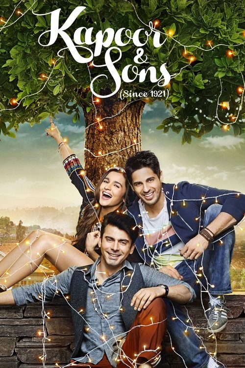 The poster features four young men in casual attire, smiling and posing under a tree adorned with twinkling lights. The warm, golden hues of the background evoke a nostalgic and cheerful atmosphere, suggesting a fun and relaxed movie experience.