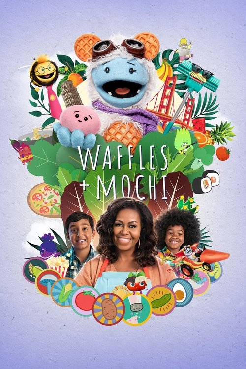 This vibrant TV show poster features a colorful collage of characters and props, including a cheerful waffle mannequin, a smiling mochi figure, and a group of diverse people. The lively and playful design, with bright colors and whimsical elements, suggests a fun and engaging narrative.