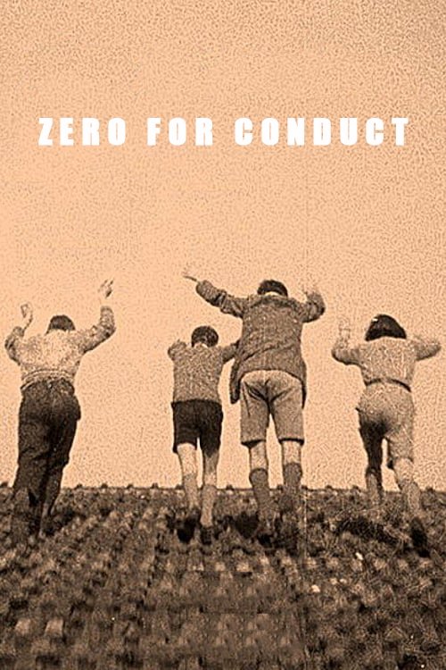 A sepia-toned poster featuring four men in vintage baseball uniforms, their arms raised in celebration against a textured, grainy background. The title "ZERO FOR CONDUCT" is prominently displayed at the top, evoking a nostalgic, gritty atmosphere of camaraderie and triumph.