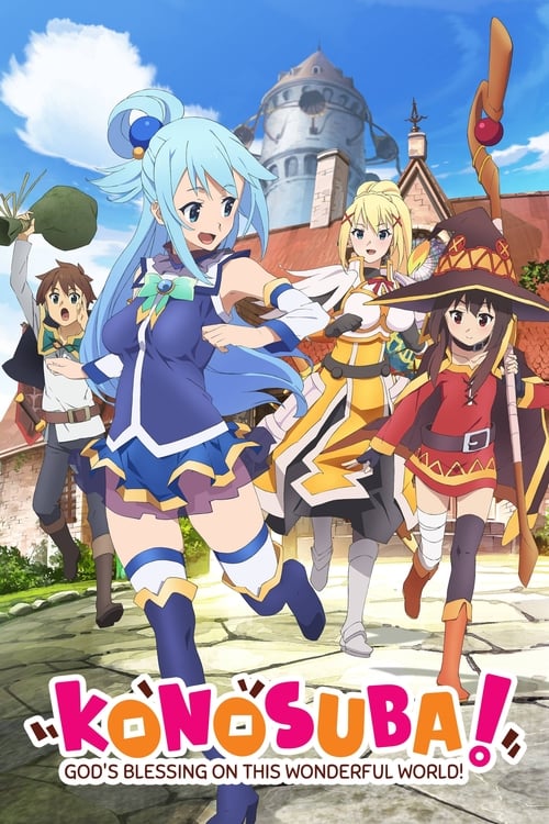 The vibrant poster features a dynamic scene with four anime characters in colorful outfits, exuding energy and adventure. The bright blue sky and cheerful architecture suggest a magical or fantasy setting. The playful title and uplifting message convey a sense of wonder and joy, capturing the ess...
