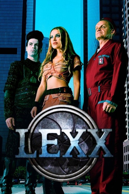 The poster features three characters in futuristic attire against a blue-lit background. The central character wears a revealing outfit, while the others are dressed in dark or red uniforms. The metallic "LEXX" text dominates the foreground, suggesting a sci-fi or crime drama setting.