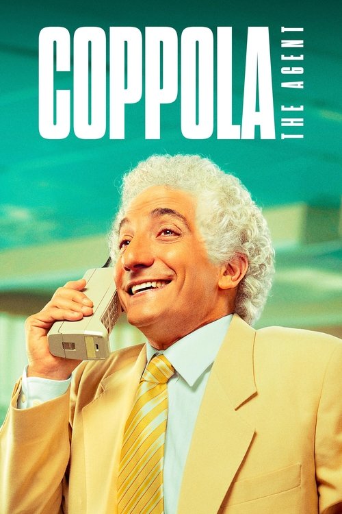 The poster features a cheerful man with white hair in a tan suit, holding a vintage phone. The background is a soft gradient of green and blue, suggesting a sunny day. The title "Coppola, the Agent" is prominently displayed in bold white letters. The overall mood is lighthearted and inviting.