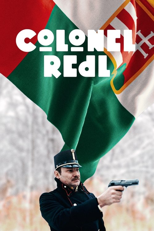 The poster features a man in a dark uniform holding a gun, with the Italian flag prominently displayed behind him. The bold, white text "COLONEL REDL" stands out against the vibrant colors. The overall mood is intense and action-oriented.