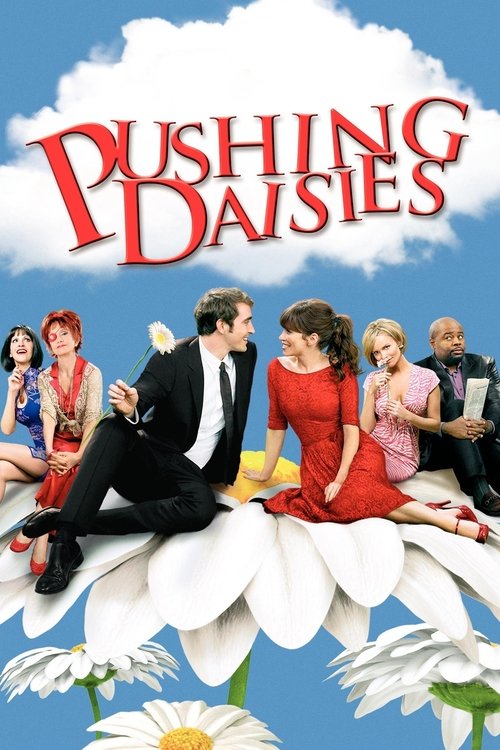 This vibrant poster features a group of six characters gathered around a large white daisy, exuding a cheerful and whimsical mood. The bright red title "Pushing Daisies" stands out against the sky, while colorful outfits and playful expressions capture the show's lively spirit.