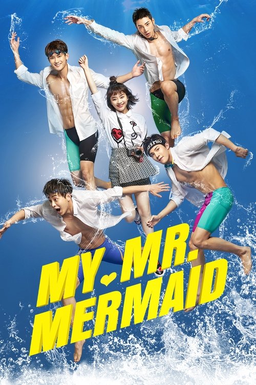 The poster features four energetic characters in mid-air against a vibrant blue ocean backdrop, exuding joy and adventure. The title "My Mr. Mermaid" is prominently displayed in bold yellow letters, emphasizing the show's playful and adventurous tone.