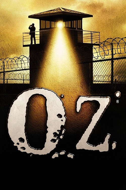 This TV show poster for "Oz" features a prison guard silhouetted against a golden sunset, casting a dramatic spotlight through the prison tower. The bold, dripping letters "OZ" dominate the foreground, evoking themes of confinement and mystery. The warm, dramatic lighting and atmospheric mood sug...