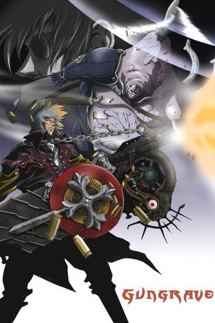 The poster features a dramatic scene with a central figure in a dark, armored outfit wielding a glowing red shield. Surrounding them are other characters in dynamic poses, some holding weapons, set against a backdrop of swirling dark clouds and bright orange light. The overall mood is intense and...