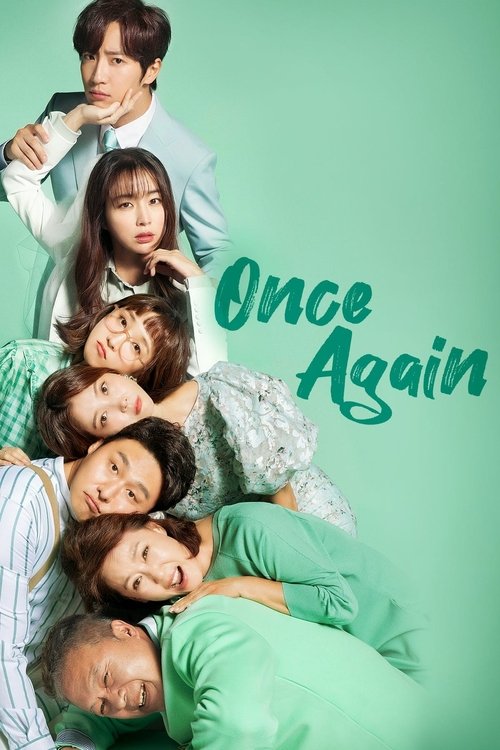 The poster features a group of people in a playful pose against a soft mint green background, with the title "Once Again" elegantly written in teal cursive. The mood is lighthearted and nostalgic, capturing the essence of a cherished memory.