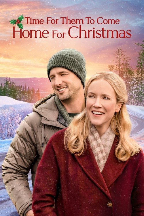 The movie poster features a couple standing in a snowy landscape, exuding warmth and holiday cheer. The man wears a green beanie and brown jacket, while the woman dons a red coat and scarf. The background showcases a serene winter scene with snow-covered trees and a soft sunset, evoking a cozy, n...
