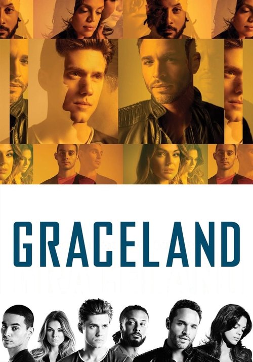 The poster features a collage of diverse faces, suggesting a complex narrative. The warm, golden tones evoke nostalgia and warmth, while the bold blue text "GRACELAND" stands out against the image. The mood is mysterious yet inviting, hinting at an intriguing story about family and identity.