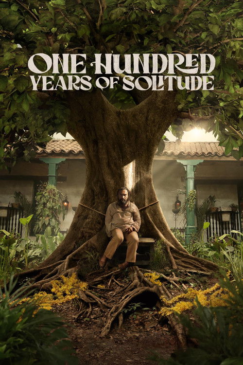 The poster features a solitary figure sitting under a massive, ancient tree, surrounded by lush greenery and vibrant yellow flowers. The warm, golden lighting creates a serene yet melancholic atmosphere, emphasizing themes of isolation and timelessness.