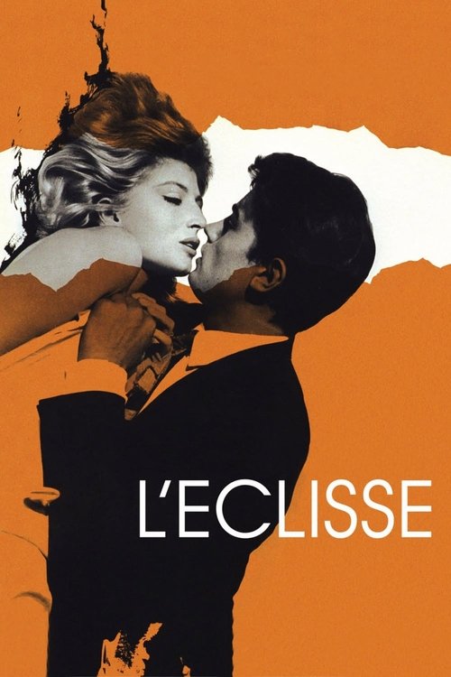 The poster features a dramatic black-and-white silhouette of two lovers embracing against an orange background, evoking a sense of intense romance and emotional intensity. The bold typography "L'ECLISSE" anchors the composition, suggesting a film about a pivotal moment of love and loss.