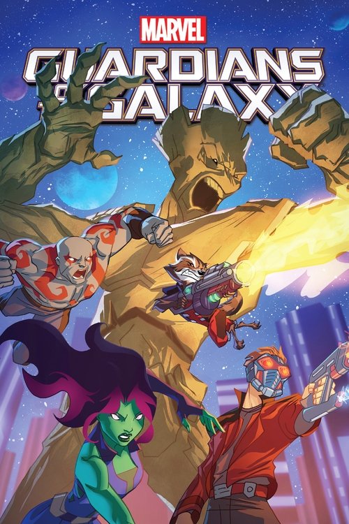 The poster showcases the Guardians of the Galaxy in dynamic action poses against a cosmic backdrop. The vibrant colors of the characters' costumes contrast with the starry sky, creating a sense of adventure and excitement. The bold title and Marvel logo emphasize the franchise's iconic status.