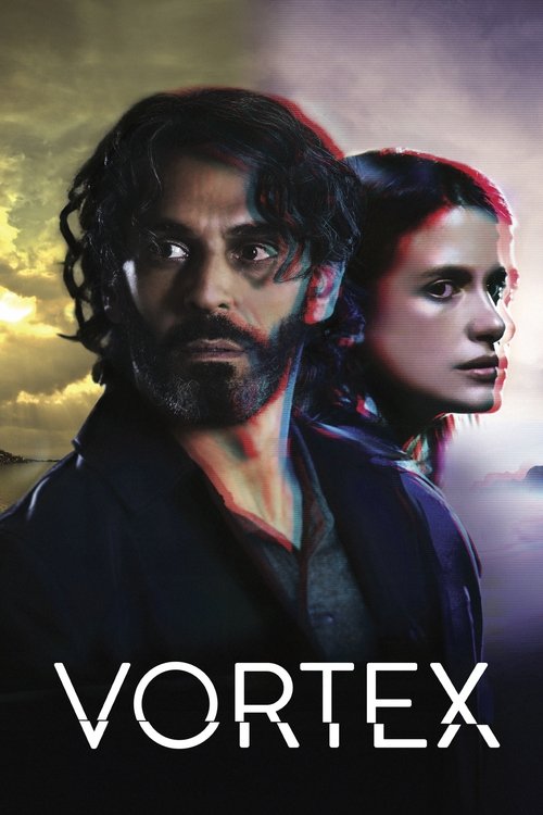 The poster features two intense characters against a dramatic sky, with the word "VORTEX" prominently displayed at the bottom. The dark tones and dramatic lighting create a mysterious and suspenseful mood.