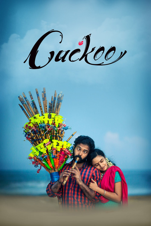 The poster features a couple embracing on a sandy beach, holding a vibrant bouquet of yellow and red flowers. The man wears a plaid shirt, while the woman dons a pink sari. The background showcases a serene blue sky and calm ocean, evoking a romantic and peaceful mood. The title "Cuckoo" is elega...