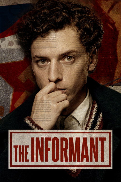 The poster features a man with curly hair and a serious expression, wearing a dark suit with a patterned collar. His hand is raised to his mouth, suggesting mystery or contemplation. The background includes a blurred American flag, adding a patriotic or historical feel. The bold red text "THE INF...