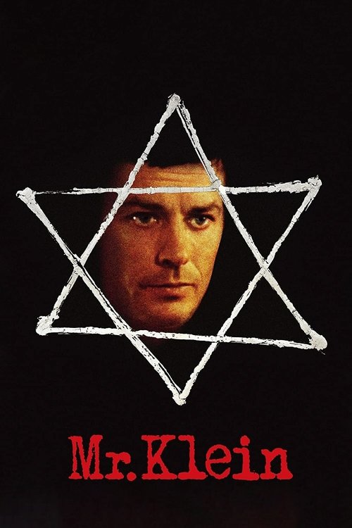 The poster features a man's face framed within a white, chalk-like Star of David against a stark black background. Below, the title "Mr. Klein" appears in bold red letters. The mood is mysterious and intriguing, suggesting a thriller or mystery.