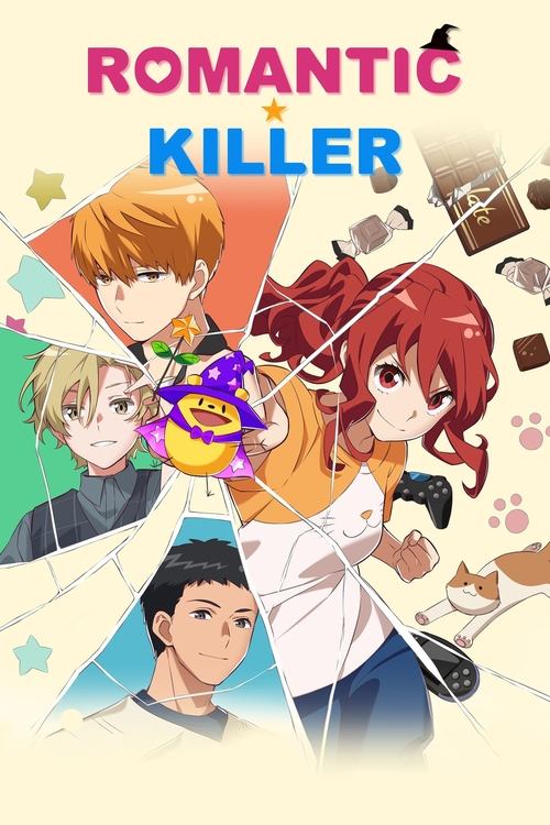 This anime poster features a vibrant, colorful scene with three characters in a romantic setting. The warm tones of orange, red, and yellow create a lively atmosphere, while the playful, slightly chaotic background adds a fun, energetic vibe. The overall mood is cheerful and inviting, suggesting ...