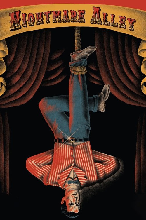 This movie poster depicts a hauntingly beautiful scene of a man hanging upside down from a rope, surrounded by dark, dramatic curtains. The colors are rich and moody, with deep reds, blacks, and gold accents. The mood is eerie and suspenseful, evoking a sense of mystery and danger.