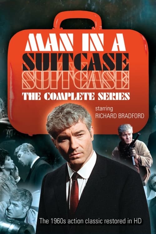 The poster features a central figure in a black suit against a dark background, with a red suitcase prominently displayed. The mood is mysterious and dramatic, suggesting a classic adventure or mystery.