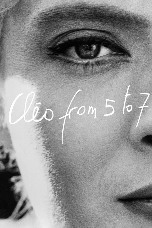 The poster features a close-up of a woman's face, with the title "Cléo from 5 to 7" written in elegant white script across her cheek. The monochrome palette emphasizes the subject's expressive eyes and the subtle texture of her skin. The mood is intimate and artistic, capturing the essence of a p...