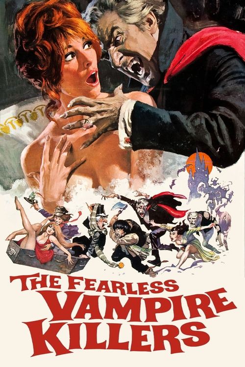 The poster features a dramatic scene with a woman in red hair holding a man in black, surrounded by smaller figures in various poses. The colors are vivid, with reds and blacks dominating the composition, creating a sense of urgency and danger. The title "The Fearless Vampire Killers" is prominen...
