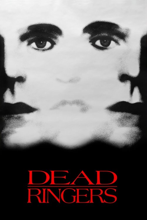 The poster features a haunting, black-and-white close-up of a man's face, emphasizing his eyes and lips. The title "DEAD RINGERS" appears in bold, red letters at the bottom, creating a stark contrast against the monochrome background. The overall mood is eerie and suspenseful, evoking a sense of ...