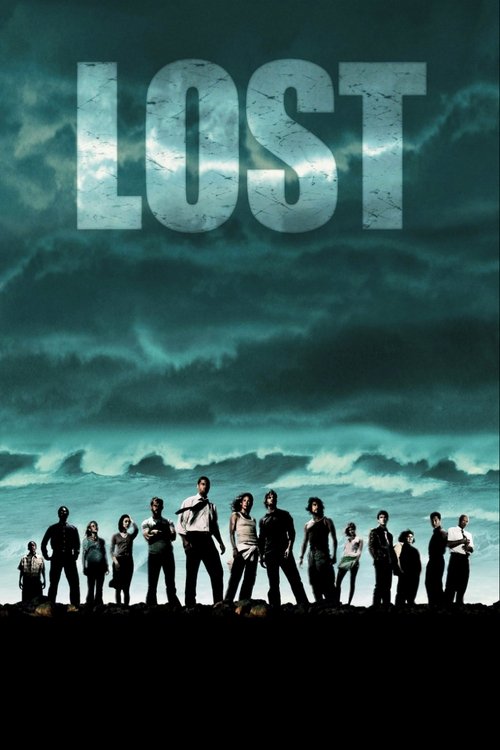 The poster features silhouetted characters standing against a dramatic, stormy sky with swirling clouds. The title "LOST" dominates the top in bold, weathered lettering, evoking mystery and adventure. The dark silhouette of the horizon adds a sense of depth and isolation, while the eerie teal ton...