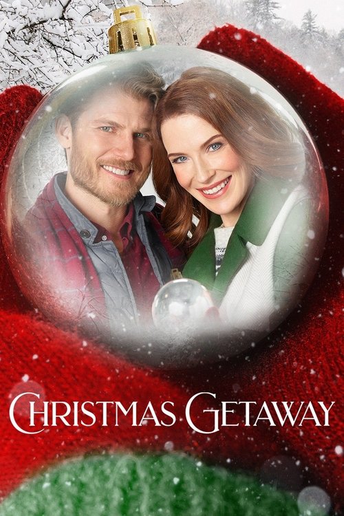 A romantic couple stands joyfully inside a snow globe, surrounded by festive red and green holiday colors. The warm smile and cheerful expressions convey a sense of happiness and love, perfectly capturing the spirit of the Christmas Getaway movie.