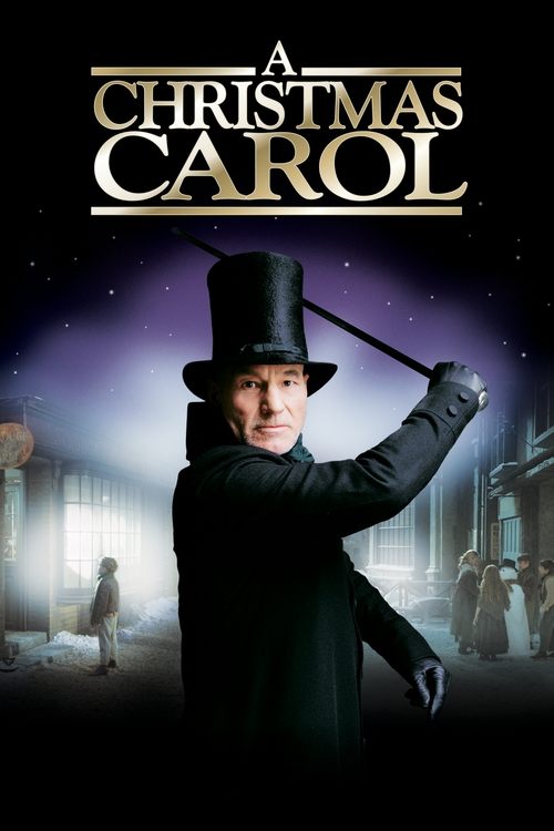 The poster features a man in a top hat and black coat, holding a cane against a starry night sky. In the background, figures walk through a dimly lit, snowy street, evoking a mysterious and eerie atmosphere. The title "A Christmas Carol" is prominently displayed at the top in gold lettering.