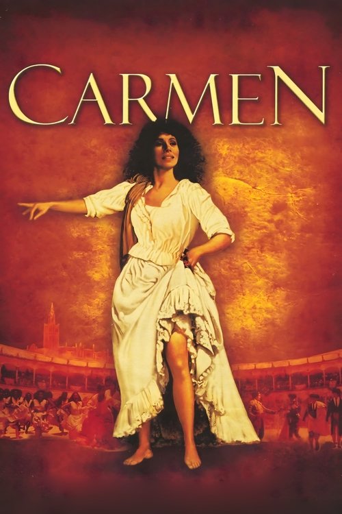 The poster features a woman in a flowing white dress, exuding elegance and passion. The background is a warm, fiery red and orange gradient, suggesting a dramatic and intense atmosphere. The title "CARMEN" is prominently displayed in gold lettering, emphasizing the film's romantic and adventurous...