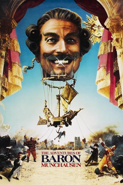 This movie poster features a large, menacing Baron Munchausen looming over a chaotic battlefield scene. The colors are vibrant, with warm tones of reds and golds contrasting against the cool blues and browns of the battlefield below. The overall mood is one of dark humor and suspense, capturing t...