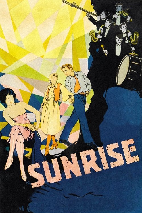 This vibrant poster features a dramatic scene with a woman in a pink dress, a man in a yellow shirt, and a drummer in the background. The bright yellow and blue colors create a dynamic, energetic atmosphere, while the bold text "SUNRISE" anchors the composition.