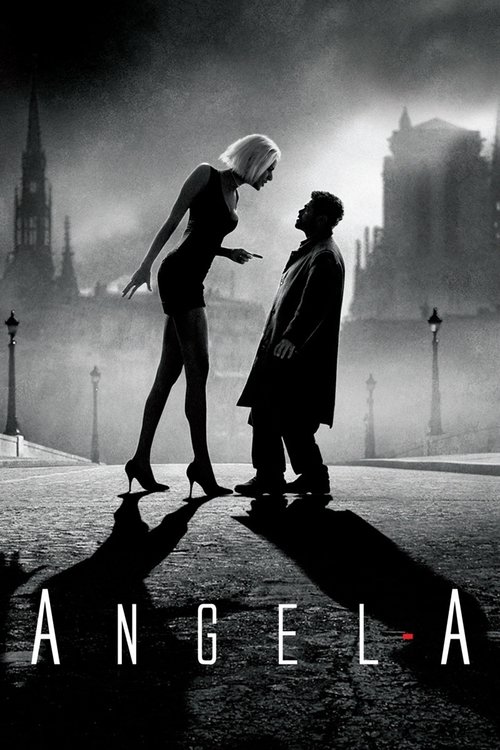 The poster features a dramatic black-and-white scene with two figures in silhouette against a moonlit, misty cityscape. One woman in a revealing dress leans forward, while a man in a coat stands beside her, creating an intimate yet mysterious atmosphere. The title "ANGELA" is prominently displaye...