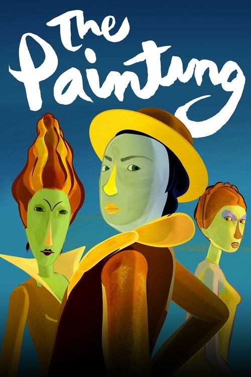 The poster features three stylized, green-skinned women with vibrant orange hair, wearing yellow hats and warm-toned clothing. The bold white title "The Painting" dominates the top against a deep blue background, evoking a sense of artistic mystery and surreal charm.