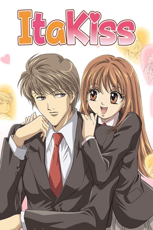 The poster features a young man and woman in school uniforms, with the title "ItaKiss" prominently displayed in playful, colorful lettering. The mood is romantic and cheerful, with soft pastel colors and heart motifs enhancing the sweet, affectionate atmosphere.