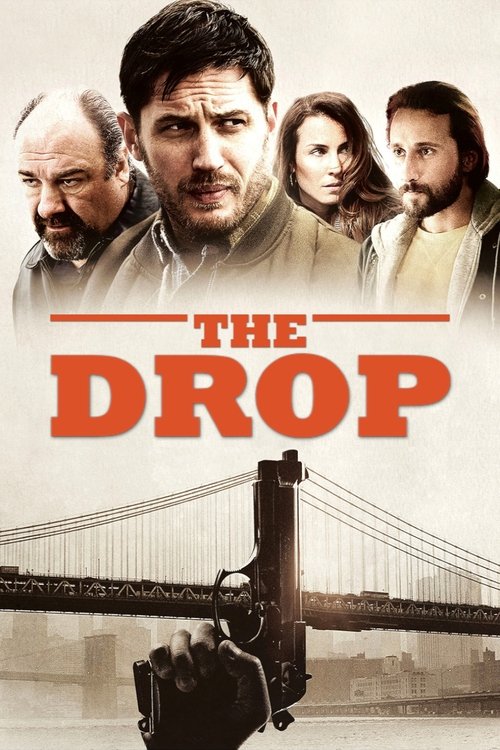 The poster features four characters against a muted, sepia-toned background, evoking a somber atmosphere. The title "THE DROP" is prominently displayed in bold red letters, with a silhouette of a bridge below, suggesting themes of displacement or tragedy.