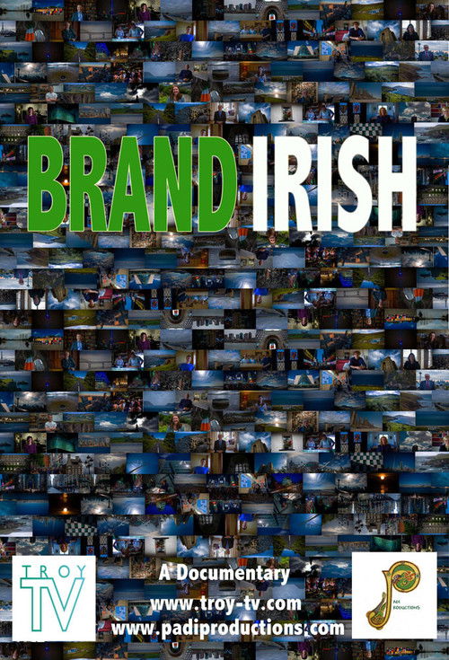The poster features a collage of diverse people in various settings, creating a vibrant and dynamic visual. The bold green and white text "BRAND IRISH" stands out against the busy background. The mood is energetic and engaging, suggesting a lively and multifaceted brand story.