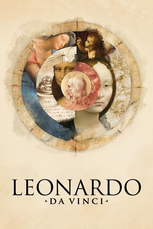 The poster features a circular frame containing fragmented portraits of Leonardo da Vinci, rendered in warm sepia tones. The muted background evokes a sense of historical mystery and artistic depth, while the bold typography emphasizes the renowned artist's name.