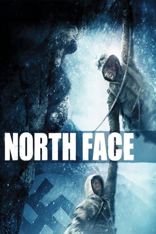 The poster features a dramatic scene with two figures in snowy, rugged environments, evoking a sense of isolation and adventure. The cool blue tones and icy atmosphere create a mysterious and intense mood, while the bold white text "NORTH FACE" anchors the image with a clear and impactful message.