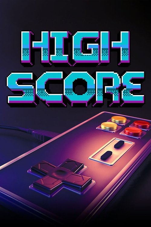 The poster features a futuristic, glowing game controller with neon purple and blue hues against a dark background. The bold, blocky text "HIGH SCORE" in electric blue dominates the top, suggesting a high-stakes gaming experience. The overall mood is mysterious and exciting, evoking the thrill of...